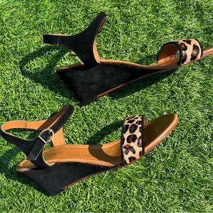 Sundance Leather Calf-hair Leopard Wedged Sandals